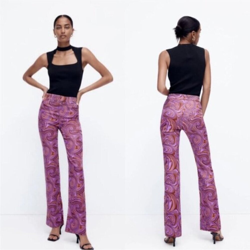 💐Zara Women Small Pants Purple Brown Swirl High Rise Retro Hippie Flared 60-70’s